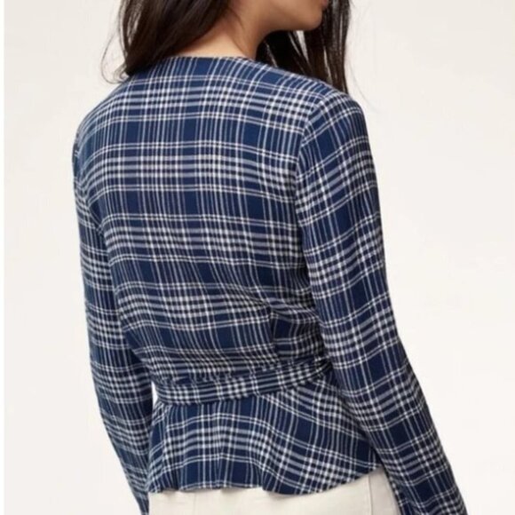 Aritzia Wilfred Free Blue and White Shannon Plaid Wrap Top Size XS - Picture 2 of 7